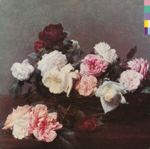  Album cover design by Peter Saville for "Power, Corruption & Lies," featuring a reproduction of Henri Fantin-Latour's painting "A Basket of Roses," with a vibrant bouquet of roses against a dark background, accented by a column of colored squares in the top right corner.