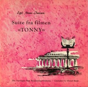  Album cover for Egil Monn-Iversen's "Suite fra filmen «TONNY»" designed by Terje Kjær / Moltzau & co, Oslo, featuring a bright pink background with illustration of a grand piano and abstracted silhouetted figures, framed by relevant text in black and white.