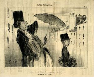  A lithograph by Honoré Daumier titled "Tolv og et halvt år og tre førstepremier. Lykkelige foreldre!...", featuring a monochromatic scene with a man in a top hat and long coat holding an umbrella, standing next to a boy in a top hat holding an award. They are in an urban setting, created with sketch-like lines in shades of black and white.