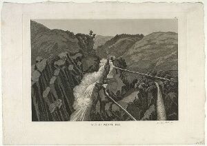  "Ulaelven ved Sel i Gudbrandsdalen" by Heinrich August Grosch – A black and white etching and aquatint showing a tumultuous river cutting through a rocky terrain with steep, craggy mountains rising on either side, depicted in fine lines and varying shades of gray.