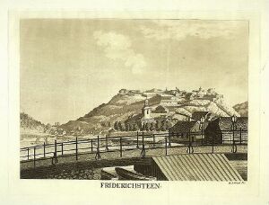  An etching by Heinrich August Grosch titled "Fredriksten festning, Halden," depicting a sepia-toned view of Fredriksten Fortress on a hill with a wooden fence and path in the foreground, and a lightly textured sky above, all rendered in fine detail through the use of line etching and aquatint in brown ink on paper.