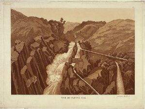  "Ulaelven ved Sel i Gudbrandsdalen," an etching and aquatint in sepia tones by Heinrich August Grosch, depicting the Ulaelven river rushing through a rugged, mountainous landscape with layered cliffs and a foamy cascade, all rendered in varying shades of brown.