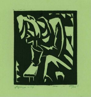  "Sitzender Mann, den Kopf stützend" by Gert Jynge, a woodcut print on green paper featuring a highly stylized and geometric representation of a seated man with his head resting on his hand, rendered in black with a textured appearance suggestive of the woodcut technique.