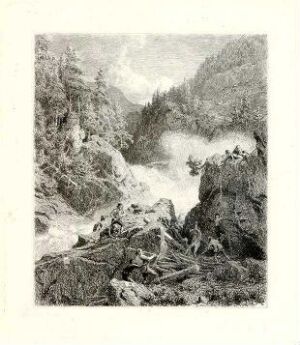  Black and white etching titled "Tømmerfløtere" by Hans Gude depicting a vigorous river scene with loggers managing tree trunks amidst a rocky pass with a dense, forested backdrop, exemplifying a stark contrast and detailed texture in a nature-dominated landscape.