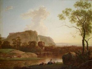  "Landscape with a River" by Johann Christian Klengel, an oil painting on a wooden plate depicting a quiet pastoral scene with a river, cows, and people in the foreground, a bridge and more trees in the midground, and a large hill in the background, all bathed in the warm light of sunset or sunrise.