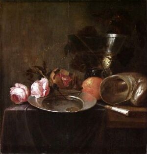  An unidentified Dutch artist's still life oil painting on wood panel depicting a dark table with a draped cloth, holding a silver plate with three fruits, a shining silver goblet, and an overturned pewter plate and cup, showcasing the contrast of light and texture.