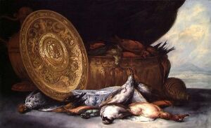  "Still Life with Dead Birds" by F. van Schney, an oil painting showing several inert birds with varied feather patterns in the foreground, a large embossed metallic shield to the left, and an oversized stone basin in the middle, set against a backdrop of a twilit sky with soft blues and yellows.