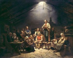  "Low Church Devotion" by Adolph Tidemand, oil on canvas depicting a group of people engaged in prayer inside a dimly lit wooden cabin, illuminated by a shaft of light from above, highlighting their expressions of piety and contemplation.