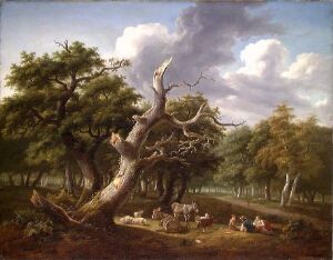  "Woodland Scene with Figures" by Lazare Bruandet, oil on canvas, features a central, twisting tree with a mix of bare and leafy branches over a group of people resting beneath it, surrounded by greenery, with a path leading into the distance and a sky with dynamic clouds overhead.