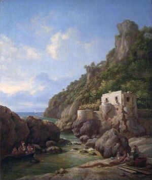  "From Capri" by Johan Gørbitz, an oil on canvas painting depicting a scenic view of rocky shores and a small building by the sea in Capri, with people enjoying the surroundings and a towering cliff in the background, all under a soft blue sky.