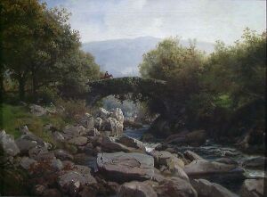  "Bridge in northern Wales" oil on canvas painting by Hans Gude featuring an old stone bridge over a rocky stream, surrounded by greenery under a partly cloudy sky.