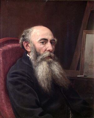 Oil portrait of Hans Johan Frederik Berg by Peter Nicolai Arbo, showing a mature man with deep-set eyes and a full grey beard, dressed in black, sitting in a chair against a dark, maroon background.