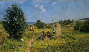  "Haymaking, Vik at Stange" by Gerhard Munthe is an oil on canvas painting featuring a pastoral scene with figures harvesting hay in the foreground, a prominent green tree to the left, conical haystacks and rolling fields in the middle distance, under a tranquil blue sky with soft clouds. The palette is rich with golds, greens, and blues, evoking a warm summer day in the countryside.