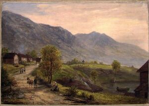  "From Fåvang in Gudbrandsdalen," an oil painting by Johan Gørbitz, featuring a tranquil rural setting with wooden buildings alongside a dirt road, figures with a horse and cart, rolling hills and distant mountains under a soft-hued sky.