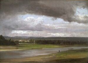  "View of the Elbe" by Johan Christian Dahl, a somber oil painting on paper mounted on cardboard, displaying an overcast sky with heavy clouds above the calm Elbe river, with a lone figure by the river bank and distant trees and settlement, in a palette of greys, blues, and earth tones.