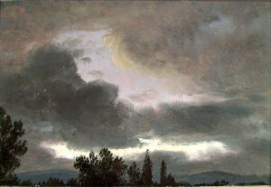  "Storm Clouds over Tree Tops" by Johan Christian Dahl, an oil on paper artwork, featuring dark and brooding storm clouds in varied shades of grey and blue with patches of yellow and white light overhead, while darkened tree tops form a contrasting silhouette along the horizon below.