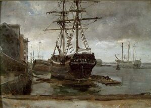  "View at Larsens Plads Copenhagen" by Johan Christian Dahl is a serene, muted-colour oil painting featuring a large moored sailing ship in the foreground with detailed rigging. The ship is set against a backdrop of quiet, reflective water under a cloudy sky with other masts visible on the horizon, suggesting a busy port. The wharf extends along the left side, indicating a maritime hub. The entire scene is depicted in earthy grays, blues, and browns, capturing the essence of a historic Copenhagen harbor at rest.