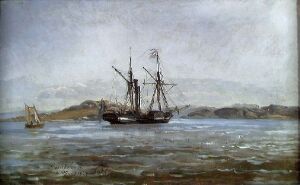  "A Steamer near Fredriksvern (Stavern)" by Johan Christian Dahl, a maritime painting depicting a dark-hulled steamship amidst choppy seas, with intricate rigging, contrasting against a pale sky streaked with clouds. A smaller sailing boat is visible in the distance, and the horizon is marked by low hills or coastal landforms. The scene is rendered in cool, muted tones with a subtle play of light on water.