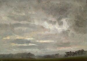 
 "Study of Clouds over Fields" by Johan Christian Dahl, an oil on paper mounted on board painting, features a dramatic sky filled with textured clouds in shades of gray, white, and blue, with subtle warm undertones and a narrow land horizon with muted greens and a silhouette of trees or structures.