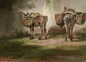  "Two Donckeys with Baskets," an oil painting on paper mounted on a board by Johan Christian Dahl, showing two side-by-side brown donkeys with baskets, facing away in a soft, natural landscape with muted earthy colors.