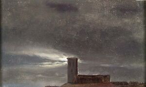  "Clouds over a Building with a Tower," an oil painting on canvas mounted on cardboard by Johan Christian Dahl, featuring heavy grey clouds dominating the sky above a partial silhouette of a building with a strong, rectangular tower. The moody atmosphere is conveyed through a subdued color scheme with a glimmer of light at the horizon, creating a sense of depth and drama in the scene.