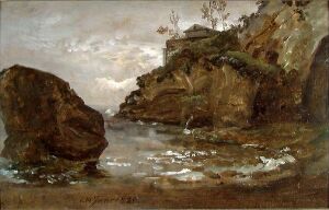 Alt text: "Rocky Coast near Naples" by Johan Christian Dahl, an oil on paper artwork depicting a brooding seascape with dark boulders in the foreground, jagged cliffs with sparse vegetation to the right, and a tumultuous sea reflecting the overcast sky, rendered in a palette of earthy tones.