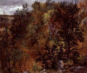  "Autumn Woods near Maxen" by Johan Christian Dahl is an oil on cardboard mounted on paper board painting showing a serene forest scene in autumn with various trees in multiple shades of orange, yellow, and green, delicate branches in the foreground, and hints of the light sky visible through the dense foliage.