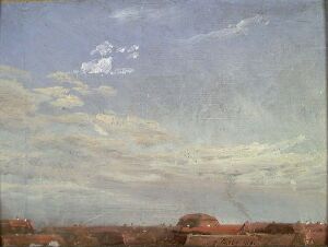  "Cloud Study over Red Roofs in Neustadt" by Johan Christian Dahl, an oil on board painting depicting a vast, textured sky with various shades of blue and white clouds above a low horizon line with muted red and earth-tone roofs.