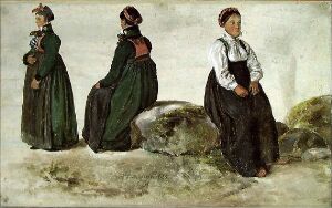  "Studies of Female Costumes from Luster in Sogn," a painting by Johan Christian Dahl, depicting three women in traditional Norwegian costumes. The left and middle figures are in profile and turned away, dressed in dark green with black shawls, while the