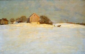  A tranquil winter landscape painting by Fredrik Borgen on canvas, featuring snow-covered ground, a central reddish-brown house with a steep roof, two dark figures of animals on the right, a bare tree and a smaller structure to the left, set against a pale overcast sky. The muted colors and soft realist technique convey solitude and stillness.