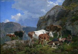  An oil painting on canvas by Anders Askevold depicting a serene landscape with seven cows in various poses, surrounded by a rugged terrain of grass, rocks, and mountains under a blue sky with fluffy white clouds.