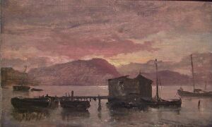  "Kyststudie" by Carl Frederik (C.F.) Sørensen is a painting showing a serene coastal scene with a subtle dawn or dusk sky in pinks, blues, and purples, a still water surface reflecting the sky, silhouetted structures and boats on the shore, and distant hills in the background.