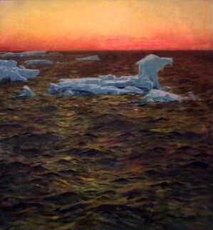  "Sunset at Sea" by Otto Sinding, an oil on canvas painting showing icebergs floating in the ocean under a sky with a gradient of warm sunset colors, ranging from deep orange near the horizon to red-orange above, reflecting in the water's textured surface in shades of blue, purple, amber, and orange.