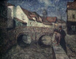  "Midnight in Amiens" by Frits Thaulow is an oil painting depicting a serene night scene with a stone bridge over water, dimly lit buildings, and a contemplative figure leaning on the bridge. The color scheme features muted blues, grays, and browns evoking a peaceful nocturnal atmosphere.