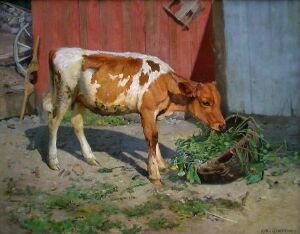  Oil painting on canvas by Karl Uchermann featuring a white cow with brown spots standing beside a red structure, probably inside a farmyard. The cow is shown in profile with its head turned toward the viewer, grazing or inspecting the ground near a bush of green plants. The lighting suggests a sunny day, casting a soft shadow of the cow onto the ground, set against a backdrop with varied earthy and warm tones.