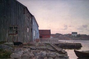  "A Fisherman's Home, Old Hellesund" by Amaldus Nielsen is an oil painting featuring a large gray wooden building on the left, beside a smaller red house, abutting a rocky shore with a boat in the foreground. The serene coastal scene is set against a gradient sky of pink, lilac, and pale blue, likely indicating dawn or dusk, with calm waters reflecting the gentle colors.