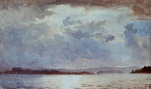  "Thunder Clouds over the Chiemsee" is a painting featuring a stormy sky with various shades of white, gray, and dark clouds over a calm lake reflecting similar hues, with subtle landforms visible on the horizon.