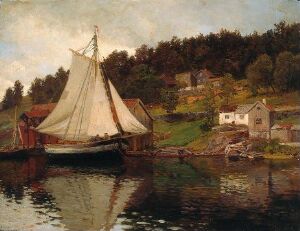  "Sailboat Anchored by the Shore" - A painting by Hans Gude, featuring an anchored sailboat with a white sail in the foreground, reflecting in the water, with green trees and several red-roofed houses on a gently rising shore in the background, under a softly illuminated sky.