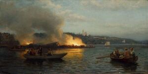  An oil painting on canvas by Hans Gude showing a maritime scene with boats on calm waters at dusk or dawn. A fire on the left illuminates the sky and the water with orange and yellow tones, while the rest of the scene is in muted blues and greens with silhouettes of distant ships and land.