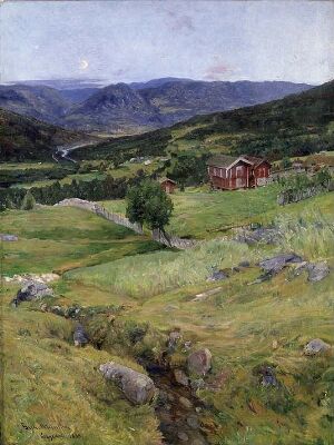  An oil on canvas painting by Gerhard Munthe featuring a pastoral landscape with traditional red Norwegian houses nestled among rolling green hills and rugged terrain, with a small stream in the foreground and mountains in the background under a light blue sky with soft clouds.