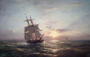 
 "Ship in Sunset" by Johan Jacob Bennetter, an oil painting on canvas depicting a sailing ship in full sail on the ocean at dusk, with a soft sunset in hues of lavender, peach, and gold in the background.