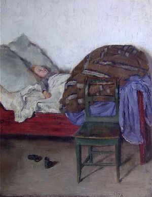  "Sick Girl" by Christian Krohg, oil on wood panel, showing a peaceful scene with a sleeping woman on a red-covered bed, a green chair with a violet cloth, and a pair of black shoes on the floor.