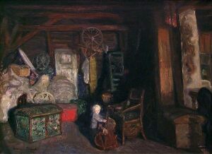  Oil on canvas painting by Bernhard Folkestad depicting a dark, rustic interior with a large patterned chest, a spinning wheel, traditional bed linens, and various household objects, executed in a predominantly earthy color palette with rich browns, dark greens, and deep reds, conveying a sense of history and everyday life from a bygone era.