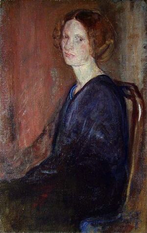  Oil painting "Portrait of Asta Sønderup, the Artist's first Wife" by Theodor Laureng, featuring a slender woman with red hair and pale skin dressed in a dark blue garment, gazing directly at the viewer against a muted red-brown abstract background.