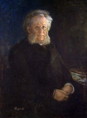  "Portrait of an Elderly Man" by Hans Heyerdahl, an oil on canvas painting showing a dignified, elderly man with white hair and a long beard. He appears contemplative, dressed in dark clothes against a dark background, with his face and hands subtly lit, conveying a sense of wisdom and age.