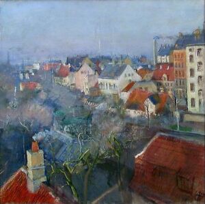  "View over Frederiksberg, Copenhagen" - an oil on canvas painting by Christian Krohg, showing an impressionistic bird's eye view of the Frederiksberg area with a blend of terracotta-red rooves, lush greenery, and a soft blue sky, capturing the essence of urban life and natural beauty intertwined.