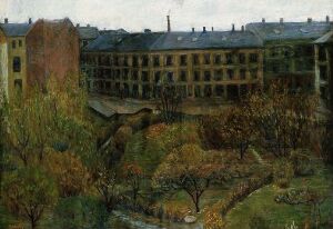  Oil painting on canvas by Aase Nørregaard showing a gloomy, overcast urban landscape with dense yellow-brown buildings at the middle ground, and a foreground featuring a green, overgrown garden or park area, all rendered in a palette of muted, earthy tones.