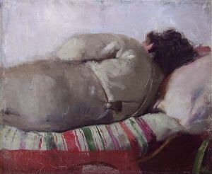 Alt-Text: An oil painting on canvas by Christian Krohg featuring a reclining figure turned away from the viewer on a daybed with red and green striped fabric. The painting employs a subdued palette with expressive brushwork, capturing a sense of serenity and introspection.