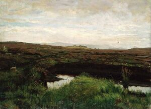  "Sommer på Jæren" an oil painting by Kitty Kielland depicting a tranquil moorland landscape with dark green and brown vegetation in the foreground, a reflective water pool, and an expansive gray overcast sky, implying a serene, undisturbed natural environment.