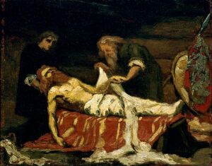  A painting by Olaf Isaachsen executed in oil on canvas mounted on cardboard, displaying a somber scene with three figures. On the left, a darkly clothed figure stands in contemplation. At the center lies a pale figure in white, suggesting a death, while to the right, an elder leans over the body. The artwork reflects a historical or biblical moment, with muted earth tones underscoring the gravity of the scene.